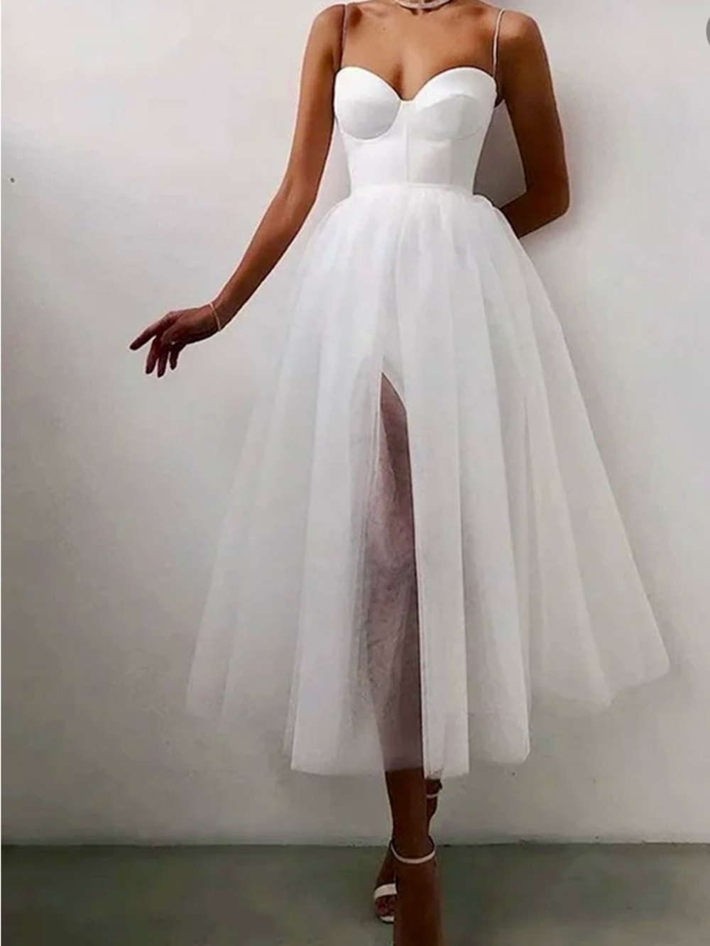 Strapless White Tulle Midi Wedding Dress with Thigh Slit